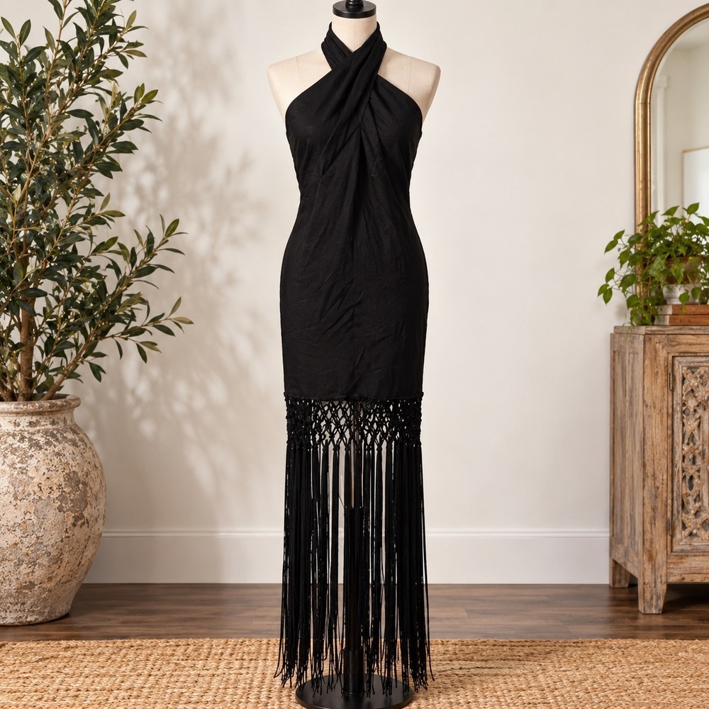 Fringe Boho Goth Halter Maxi Dress Black Macrame Festival AQUA Silk Blend S